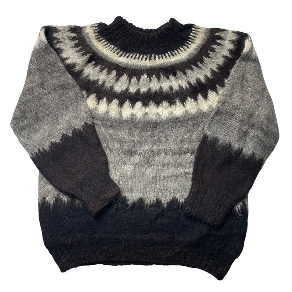 Alpaca Wool Fair Isle Sweater Bolivian Size Medium Hand Knit Shaggy Chunky Cozy - Picture 1 of 9
